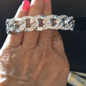 Guess Pave Crystal Thick Link Bracelet w Toggle & G on Pink Charm w crystals